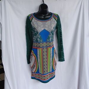 Peachpuff Bodycon Knit Graphic Dress, Lace Sleeves, Sz M, 16" PTP, 33" L